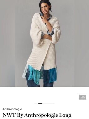 Anthropologie Cream Knit Open Cardigan with Blue Fringe